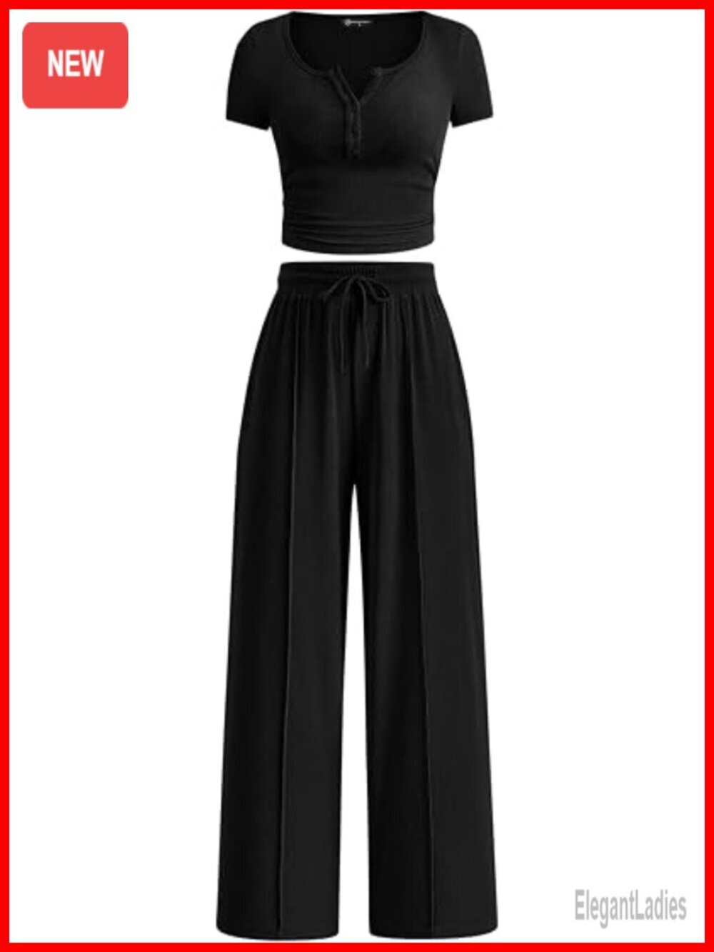 2 Piece Ribbed Knit Button Short Sleeve Top and Wide Leg Pants Lounge Set